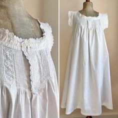 A lovely original Edwardian nightdress. Made from crisp snowy white cotton.  Decorated with intricate, dainty pin tucks and broderie anglaise. Sweet capped sleeves. Fastens at the front with self-covered buttons.  Pretty gathering at the back.  Highly wearable. Measurements are taken when laid flat: Underarm to underarm- 19 inches across  Shoulder to hem- 39 inches Bottom hem- 83 inches in total Sleeve opening- 14 inches in total. Condition: Excellent antique condition with light signs of age. T Nightdress Nightwear, Edwardian Nightgown, Nightgown Pattern, Cotton Nightgown, Vintage Nightgown, Women's Nightgowns, Couture Runway, Nightwear, Night Dress