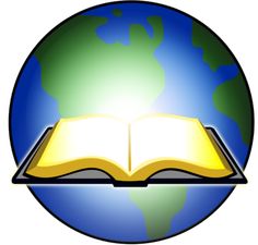 an open book sitting on top of a blue and green globe with the earth in the background