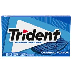 a box of tident original flavor chewing gum on a white background with blue stripes