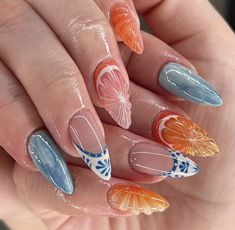 See Nails Art, Petal Nail Art, Mediterranean Nails, June Nail Designs, Nails June, Orange Nail Art, Future Nails, June Nails, Kutek Disney