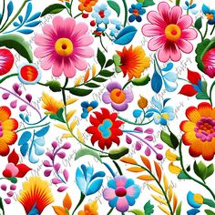 an image of colorful flowers and leaves on a white background for wallpaper or fabric