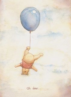 a painting of a winnie the pooh flying with a blue balloon on his head