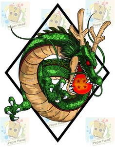 a green dragon with an orange ball in it's mouth, sitting on top of a