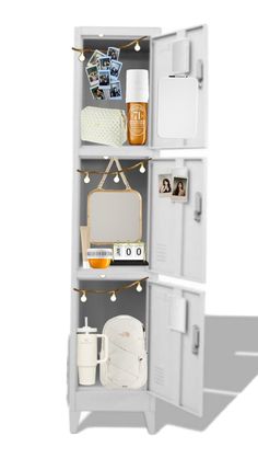 an open refrigerator with many items on the shelves and lights hanging from it's sides