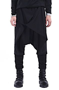 Black Casual Drop Crotch Wrap Harem Ninja Pants // Wrap Skirt Layered Joggers Baggy Harem Bottoms For Fall, Loosely Fitted Harem Bottoms For Fall, Black Harem Bottoms For Spring, Summer Fitted Bottoms With Drop Crotch, Fitted Black Harem Bottoms, Avant-garde Black Bottoms For Spring, Black Avant-garde Bottoms For Spring, Black Cotton Lagenlook Bottoms, Black Lagenlook Cotton Bottoms