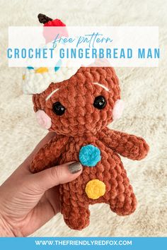 a crochet gingerbread man is shown with the text overlay that reads free pattern