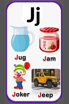 Thing Words Start With J For Preschool Letter J Pictures, Words Starting With J, Alphabet Word Wall Cards, J Letter Images, Kids Learning Alphabet, English Poems For Kids, Free Alphabet Printables