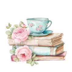 watercolor painting of tea cups and books with pink flowers on them by artist susan grisby