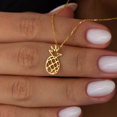 All our jewelry is hypoallergenic and tarnish-resistant, so you can enjoy it for years to come. We don't sell gold plated or gold filled jewelry. Both the chain and the pendant are made of 14 carat solid gold, the product is stamped "14K" or "585", hallmarks of gold purity.  🔸 Quality and Value: We use 14 karat gold in our jewelry, so that each piece is precious and durable for a lifetime. 🔸 Original Designs: Each piece of jewelry has unique designs, carefully shaped by our craftsmen. It is sp Hawaiian Fruit, Pineapple Necklace, Lucky Gifts, Fruit Jewelry, Gold Pineapple, Sell Gold, Gold Filled Jewelry, Gift For Women, Charm Necklace