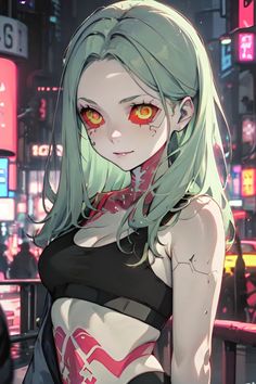 a woman with green hair and red eyes standing in front of a neon cityscape