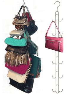 an assortment of purses and handbags hanging from hooks on a wall with amazon's choice