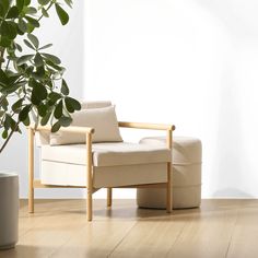 a white chair sitting on top of a wooden floor next to a potted plant