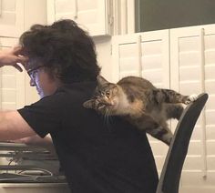 a man sitting at a computer desk with a cat on his shoulder and one arm behind him