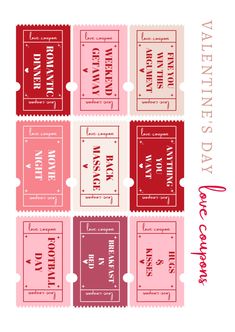 some red and pink tickets with the words valentine's day written on them