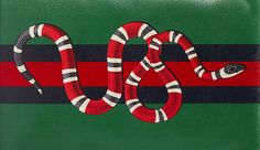 a painting of a snake on a green and red striped background