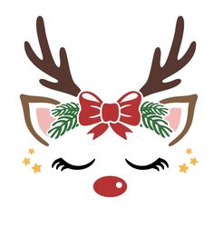 a reindeer's face with antlers and stars on its nose, wearing a bow