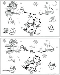 two coloring pages with cartoon animals on sleds in the snow, one is running and