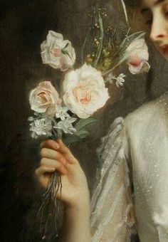 a painting of a woman holding flowers in her hand