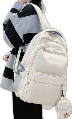 Beige Rectangular Backpack For Back To School, Beige Backpack With Zipper Closure For Study, Beige Bag For Study And Back To School, Beige Large Capacity Backpack, Beige Rectangular Backpack, Beige Portable Rectangular Backpack, Portable Rectangular Beige Backpack, Large Capacity Cream Backpack For Students, Large Capacity Beige Standard Backpack