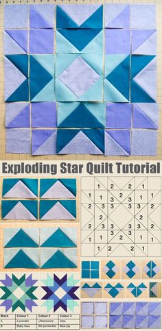 the instructions for how to make an exploding star quilt pattern with blue and white squares