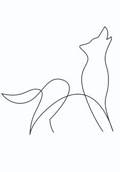 a black and white drawing of a fox on a white background with the tail curled up