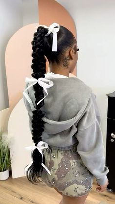 @toptierfem One Braids Ponytail, Plaited Ponytail Hairstyles, Cute Black Ponytail Hairstyles, Two Braids To Ponytail, Bow Ponytail Black Women, Zig Zag Middle Part Ponytail, Highlight Ponytail Black Women, Bow On Ponytail, Slick Back Short Ponytail