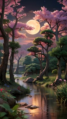 a painting of trees and water with the moon in the sky above them, as well as flowers