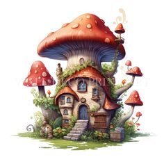 an illustration of a mushroom house with mushrooms on the roof and stairs leading up to it