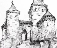 a drawing of an old castle with two towers