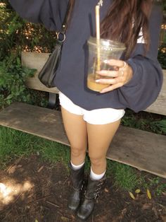 School Outfits With Boots, Styling Shorts In Winter, Style Steve Madden Boots, Steve Madden Boots Outfit Winter, How To Style Steve Madden Boots, Autumn Boots Aesthetic, Rocky Brown Distressed Boots Outfits, Short And Boots Outfit, Brown Boots Outfit Aesthetic