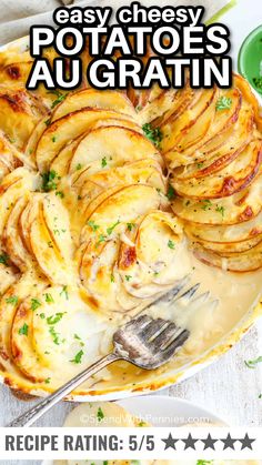 an easy cheesy potato casserole is served on a plate with a fork