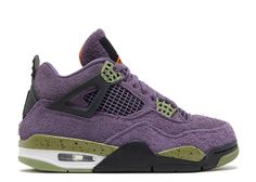 The base of these retro 4’s is a vibrant purple shaggy suede. The midsole and eyelets of the shoe is alligator green with black specs in them. The outsole, back heel tab, and the lace flaps are all black rubber. The signature Flight logo on the tongue of the shoe is in safety orange threading. The entire shoe is reminiscent of Tinker Hatfield’s 1989 original design. Jordan 4 Retro Canyon Purple, Summer Collection Men, Jordan 4’s, Mid Top Shoes, Jordan Yeezy, Jordan Retro 4, Jordan Model, Purple Sneakers, Womens Air Jordans