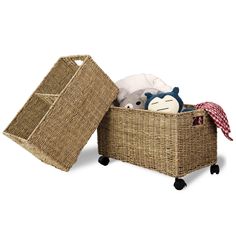 PRICES MAY VARY. Water hyacinth and seagrass [DIMENSION & MATERIALS] PEMAR Set 2 wicker rolling storage basket boxes of 2 sizes nesting in a set: Large size: 19.7” long x 11.8” wide x 13” high; Medium size: 18.1” long x 9.8” wide x 12.6” high. Each basket has a removable divider inside, giving you flexibility in adjusting the storage compartments. Our woven rectangular storage baskets with wheels and insert / cut out handles are made of natural water hyacinth and seagrass straw wires, woven on m Basket On Wheels Storage, Storage Basket On Wheels, Woven Storage Baskets, Small Baskets, Seagrass Storage Baskets, Under Desk Storage, Toy Organizer, Linen Closet Organization, Childrens Playroom