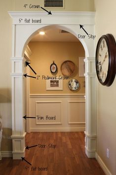 an entry way with clock, doorway and floor plans on the wall above it is labeled