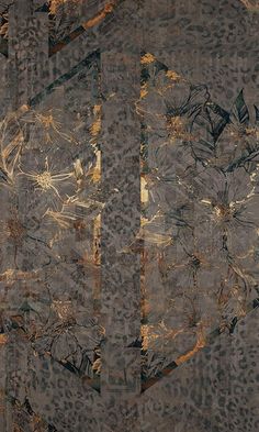 an abstract painting with gold and black colors