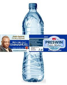 a bottle of water with a label on the front and back of it that says, rev dr g emmanuel