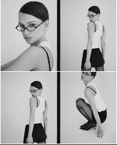 four photos of a woman wearing glasses and sitting on the ground with her hands in her pockets