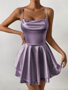 Women's Elegant Solid Color Ruffle Trim Slip Dress With Spaghetti Straps, Summer Purple Sexy  Sleeveless Knitted Fabric Plain Cami High Stretch  Women Clothing, size features are:Bust: ,Length: ,Sleeve Length: Silk Dress Purple, Homecoming Dresses Yellow, Purple Dress Short, Purple Satin Dress, Purple Short Dress, Satin Cami Dress, Halloween Idea, Mini Homecoming Dresses, Red Homecoming Dresses