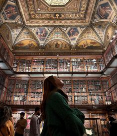 a woman standing in the middle of a room with bookshelves and paintings on the ceiling