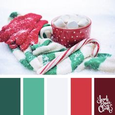 a red and green color scheme with candy canes, marshmallows, and peppermint