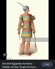 an ancient egyptian archetyr holding a spear and wearing a colorful dress with feathers on it