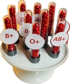 red candies are arranged on a plate with labels for b - and - q