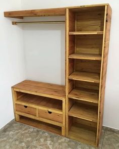 a wooden shelf with drawers and shelves on the bottom, in front of a facebook page