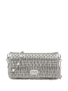 silver-tone nappa leather/satin matelassé effect twist-lock closure detachable chain-link shoulder strap internal slip pocket crystal embellishment Clutches, Leather Crochet, Metal Lettering, Wicker Bags, Nappa Leather, Leather Bags, Miu Miu, Contemporary Style