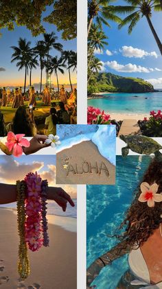 a collage of photos with flowers and people on the beach