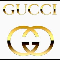 the logo for gucci is shown in gold and black on a white background,