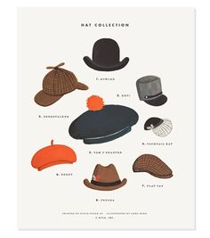 hats Hat Guide, Art Hats, Anna Bond, Fashion Basics, Hat Print, Moustaches, Hat Collection, Love Hat, Card Collection