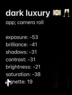 the menu for dark luxury app camera roll