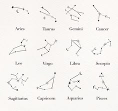 zodiac signs and their names in black ink