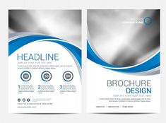 a brochure design with blue and silver waves